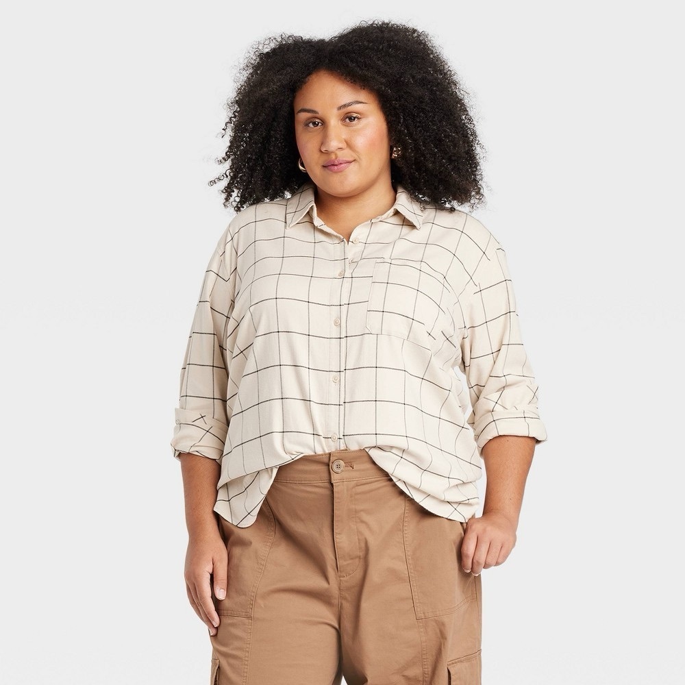 Ava & Viv Cream Button Down Blouse Relaxed Fit